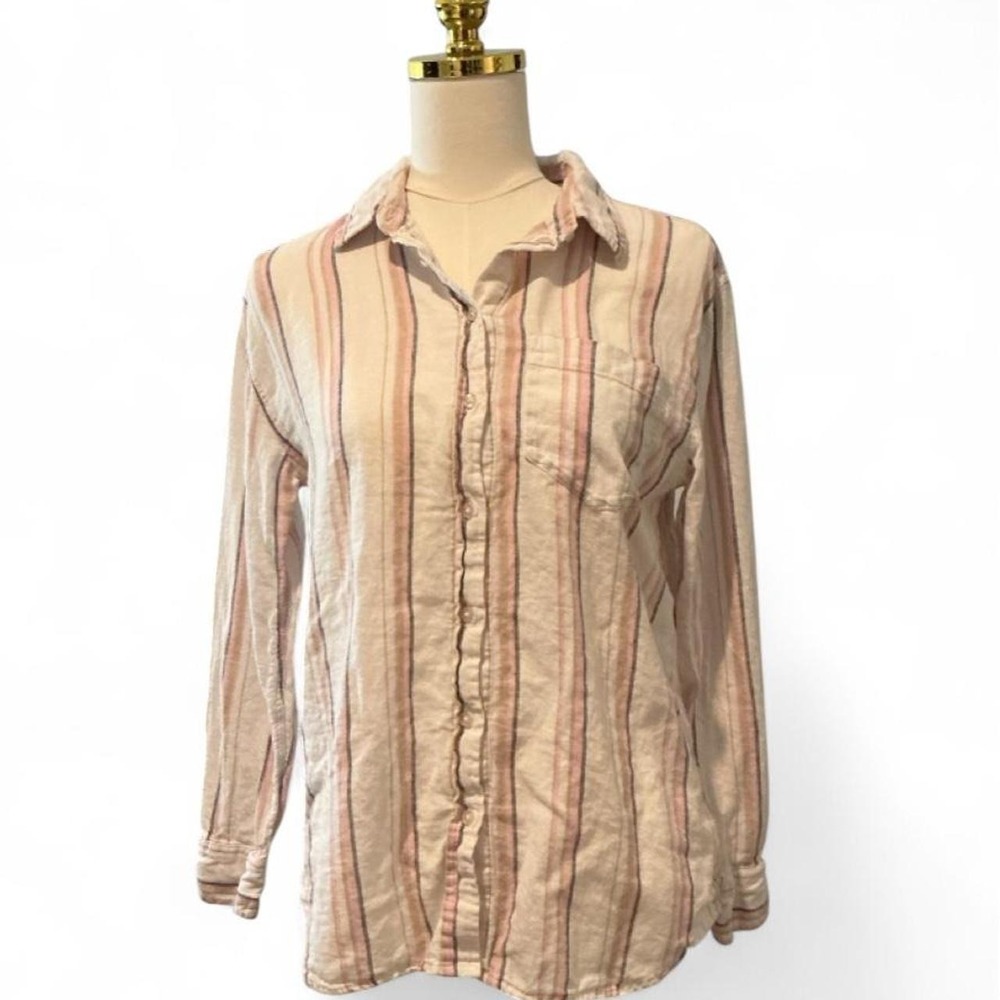 Gap Striped Button Down Shirt Womens XS Pink‎ Linen Blend Excellent Long Sleeve